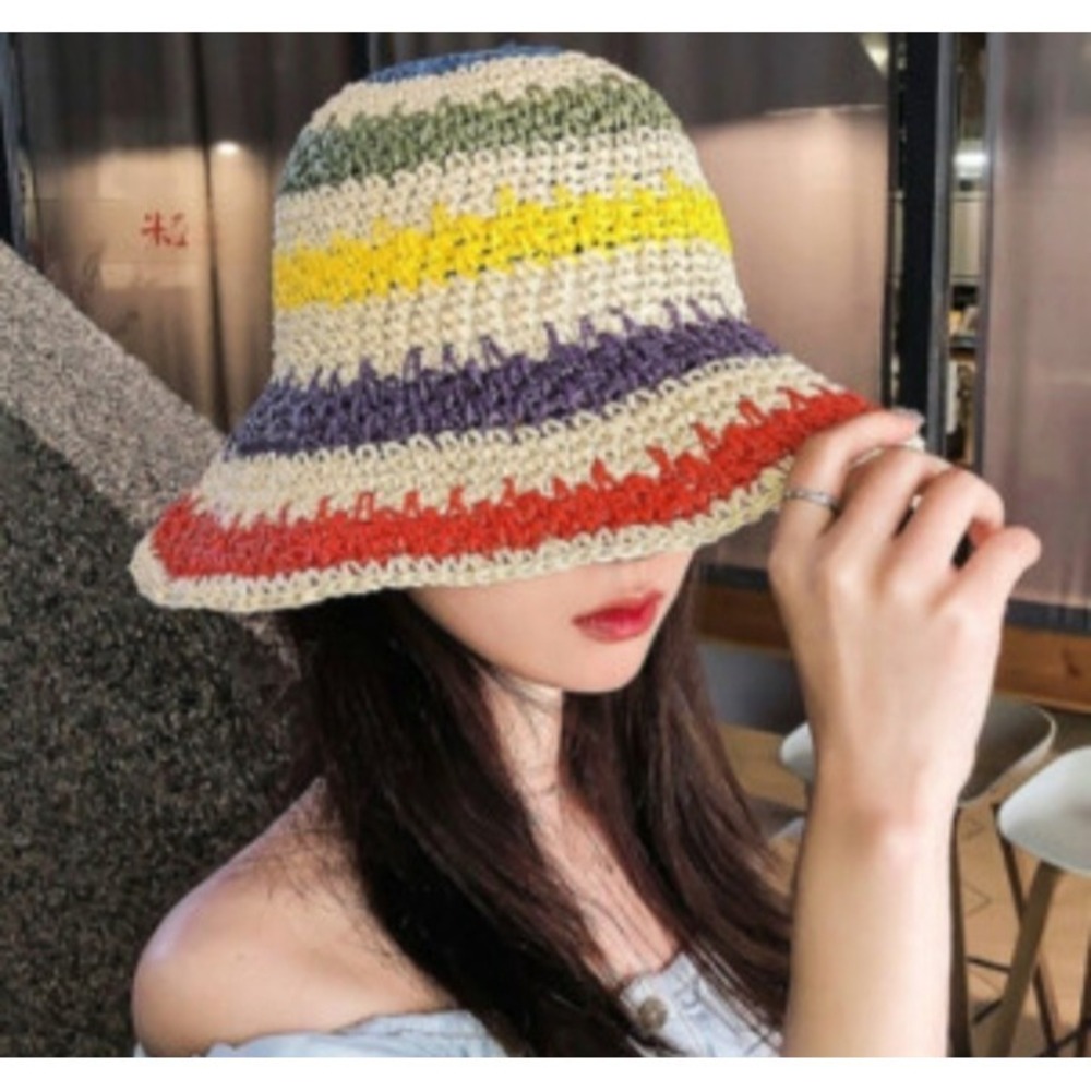 Colorful Rainbow Stripe Knitted Beach Sun Hat NWOT Adjustable inside Brim Tie